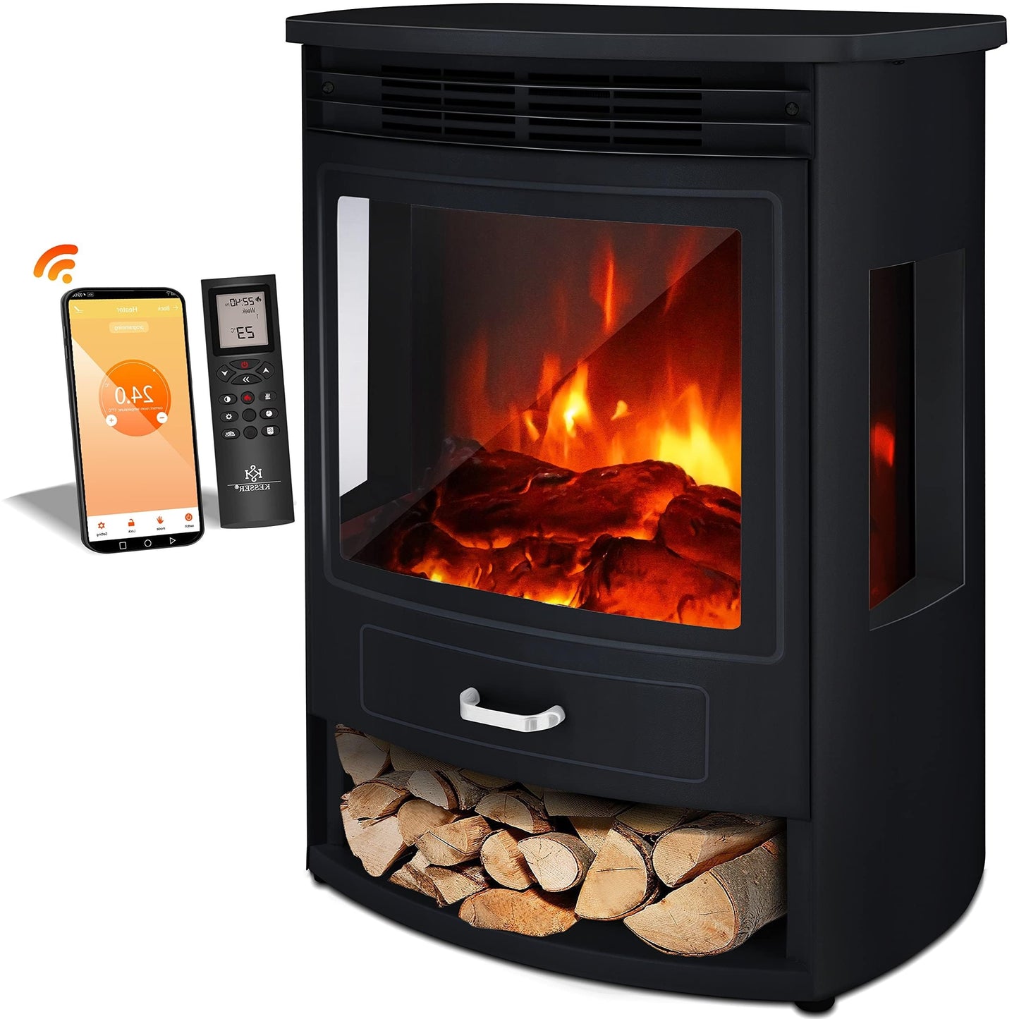 KESSER® Prio elektrische open haard met verwarming Ventilatorkachel Afstandsbediening 950/1.900 W Elektrische open haard Vlameffect LED Schoorsteenlamp Elektrische open haard