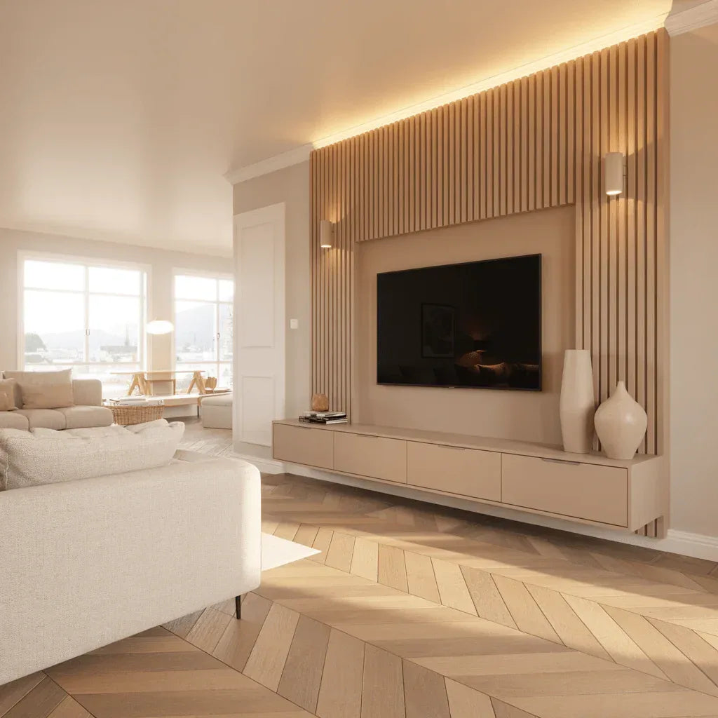Cinewall Akustik SlatPanel – Beige & LED Accent Edition - cinewallkopen.be