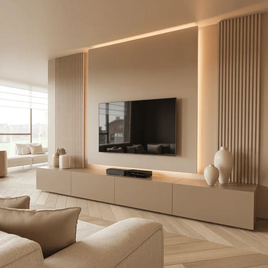 Cinewall Akustik SlatPanel – Beige & LED Accent Edition - cinewallkopen.be