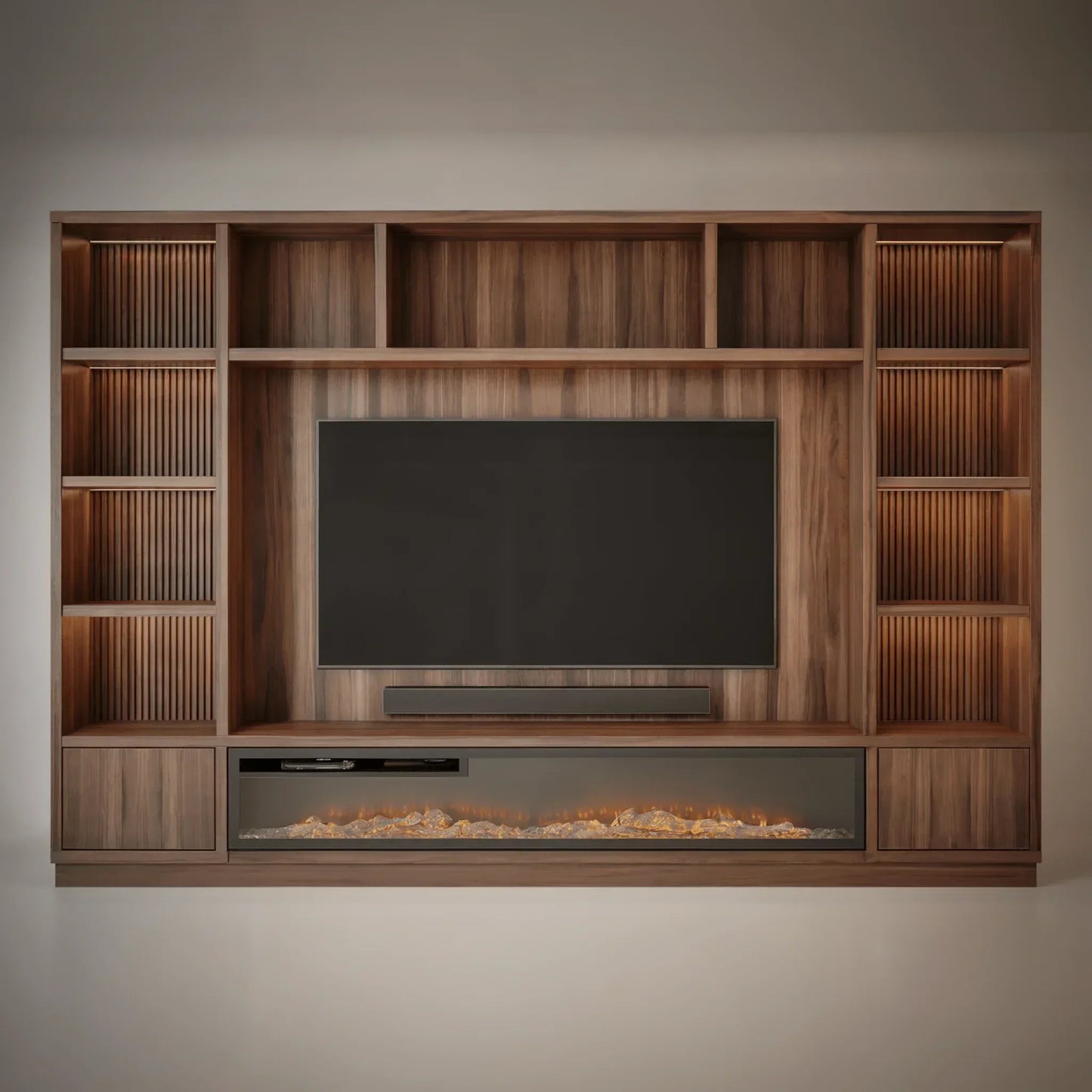 Cinewall Luxe Edition – Massief Walnoot met Elektrische Haard en Akoestische Nissen - cinewallkopen.be