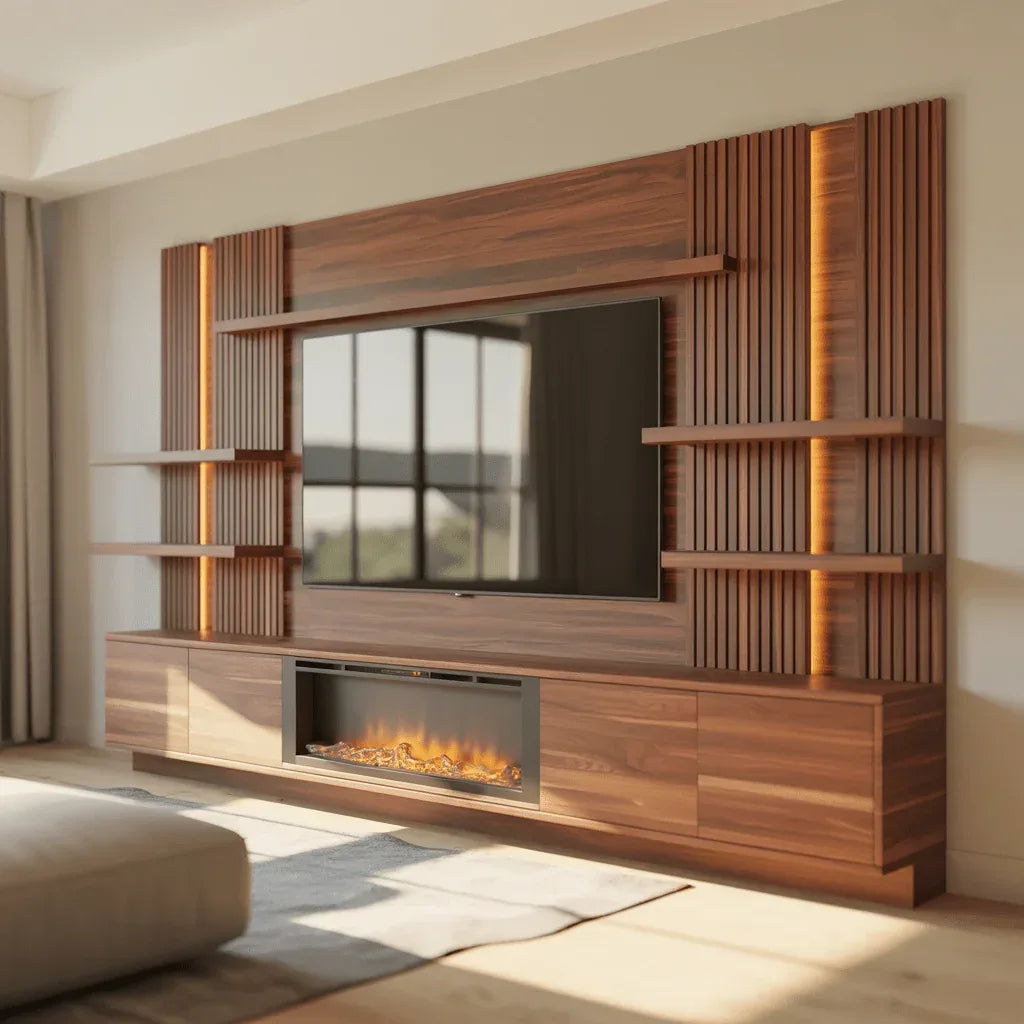 Cinewall SlatLine Luxe – Massief Hout met Elektrische Haard - cinewallkopen.be