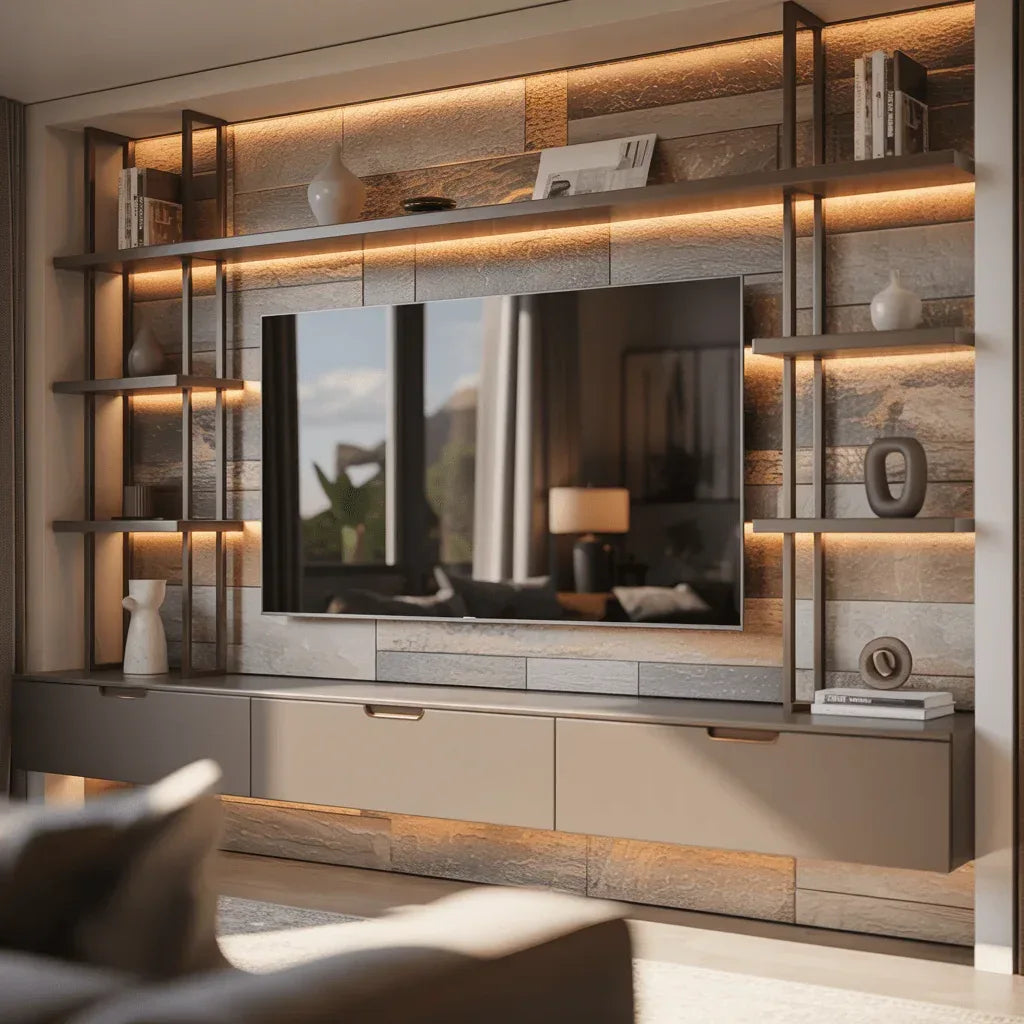 Cinewall LuxeStone Edition – Textured Steen & LED Wandmeubel - cinewallkopen.be