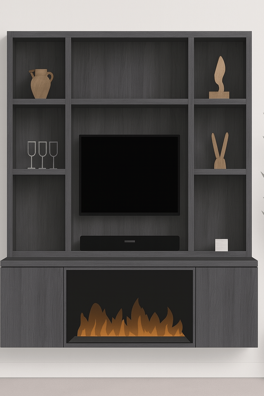 Moderne Zwarte Cinewall met Elektrische Haard en Wandkasten – Wandmodel op Maat - cinewallkopen.be