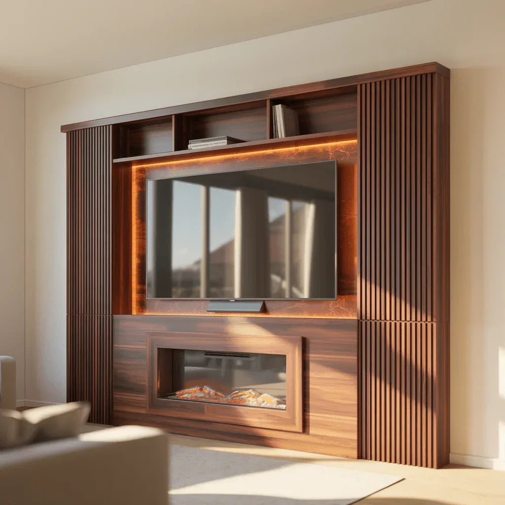 Cinewall Prestige Walnut Haardwand – LED Verlichting & TV Wandmeubel - cinewallkopen.be