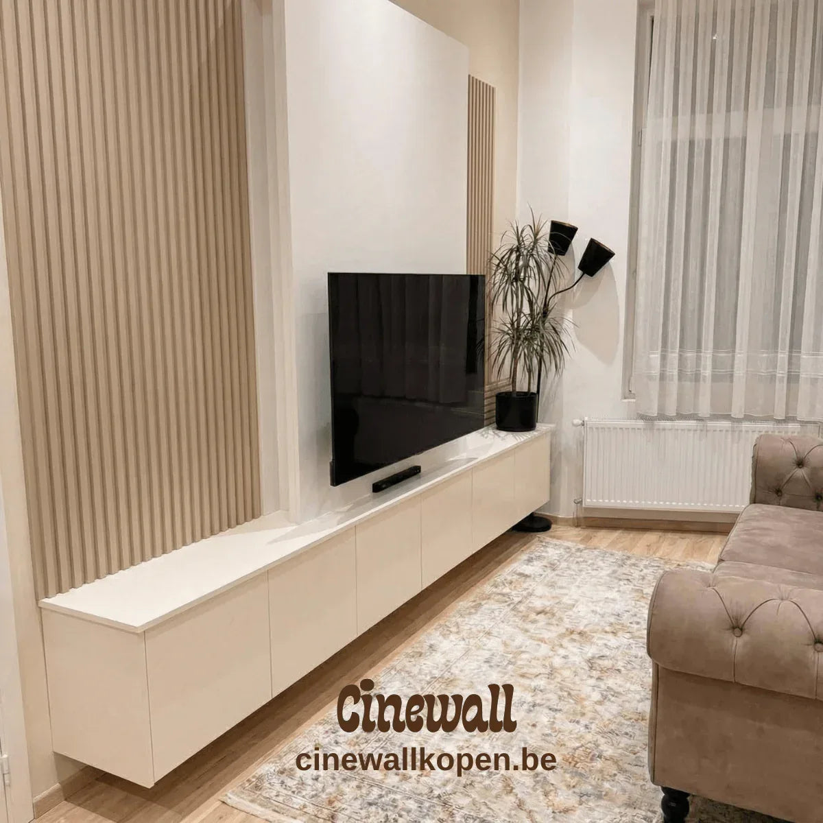 Cinewall Japandi Luxe – Beige & Licht Eiken met Akoestische Panelen (300x200cm) - cinewallkopen.be