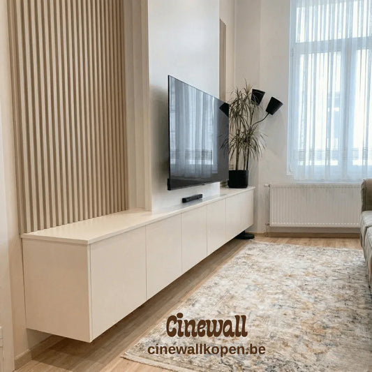 Cinewall Japandi Luxe – Beige & Licht Eiken met Akoestische Panelen (300x200cm) - cinewallkopen.be