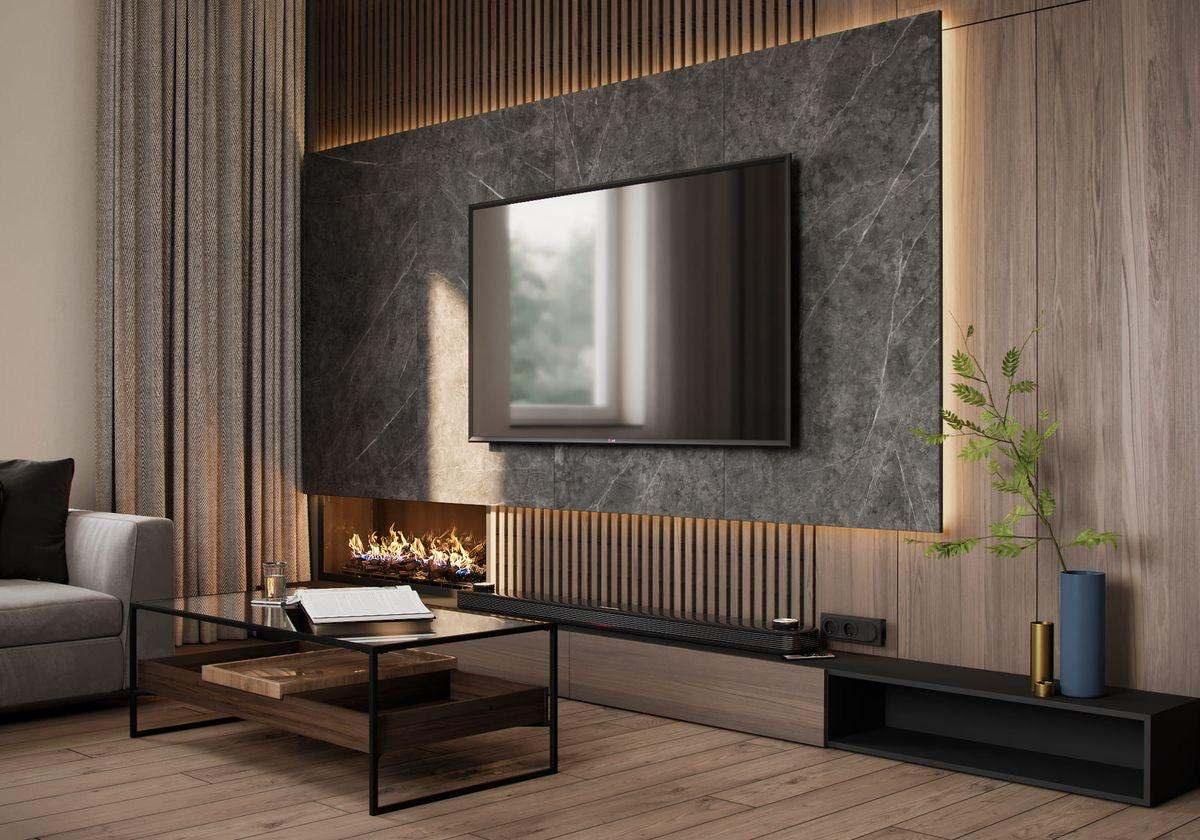 Cinewall Marble-Wood Hybrid – TV Wand met Elektrische Haard - cinewallkopen.be
