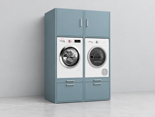 Lichtblauwe wasmachine kast frontaal aanzicht