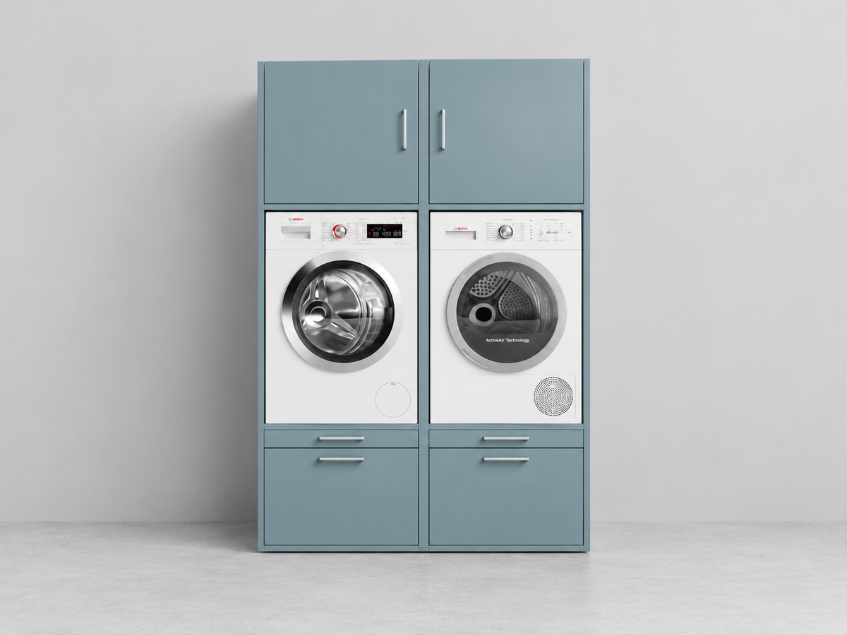 Lichtblauwe wasmachine kast op maat 134 x 207 x 65 cm