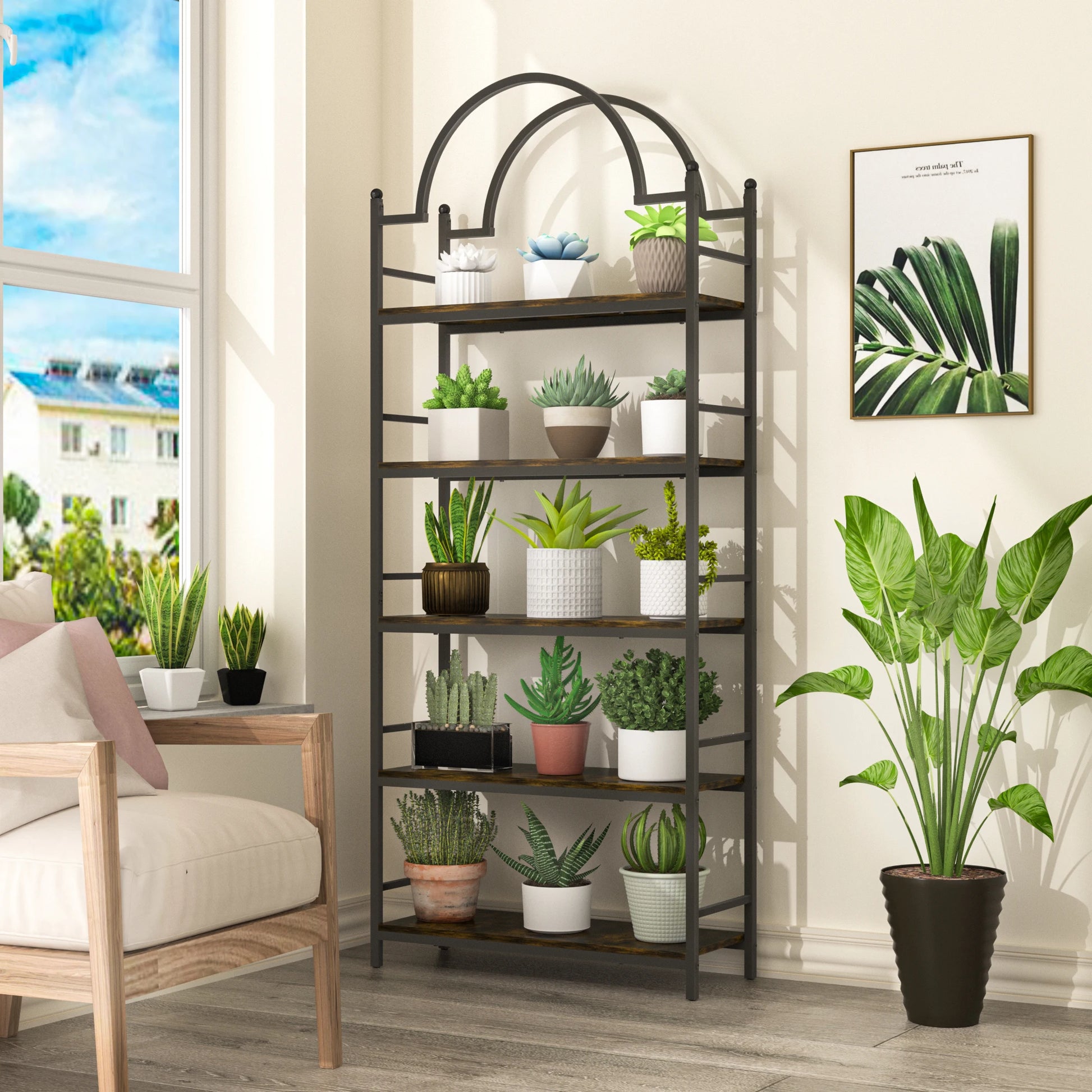 5 Tier Wood Storage Shelves with Metal Frame Free Standing Bookshelf Industrial Display Rack
