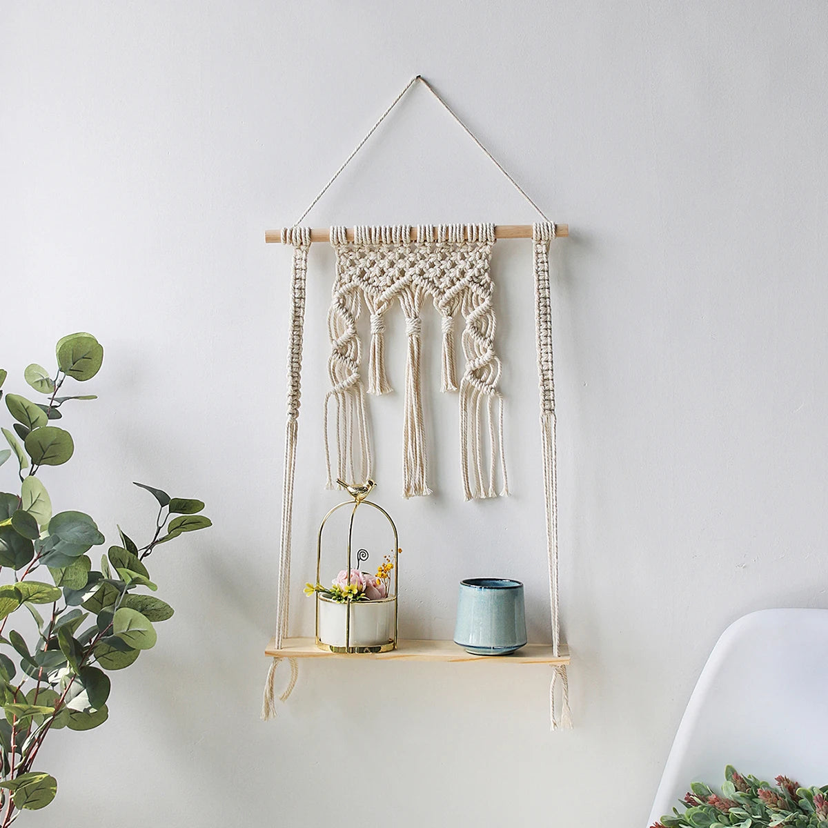 Macrame Wall Shelf Wood Floating Shelves Flower Pot Display Stand Hanging Wall Boho Home Decoration Living Room Decors Aesthetic
