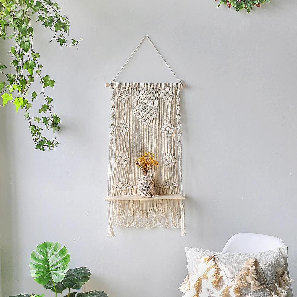 Macrame Wall Shelf Wood Floating Shelves Flower Pot Display Stand Hanging Wall Boho Home Decoration Living Room Decors Aesthetic