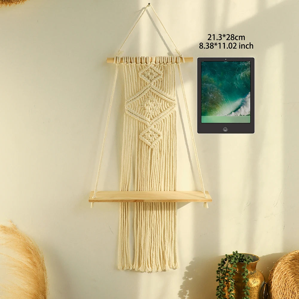 Macrame Wall Shelf Wood Floating Shelves Flower Pot Display Stand Hanging Wall Boho Home Decoration Living Room Decors Aesthetic