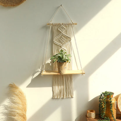 Macrame Wall Shelf Wood Floating Shelves Flower Pot Display Stand Hanging Wall Boho Home Decoration Living Room Decors Aesthetic