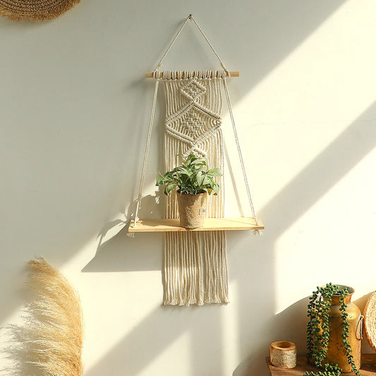 Macrame Wall Shelf Wood Floating Shelves Flower Pot Display Stand Hanging Wall Boho Home Decoration Living Room Decors Aesthetic