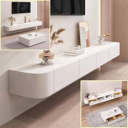 Zwevend TV Meubel 'Solid Prestige' | Massief Hout & Soft Corners | Mat Wit & Eiken (140cm - 240cm) - cinewallkopen.be