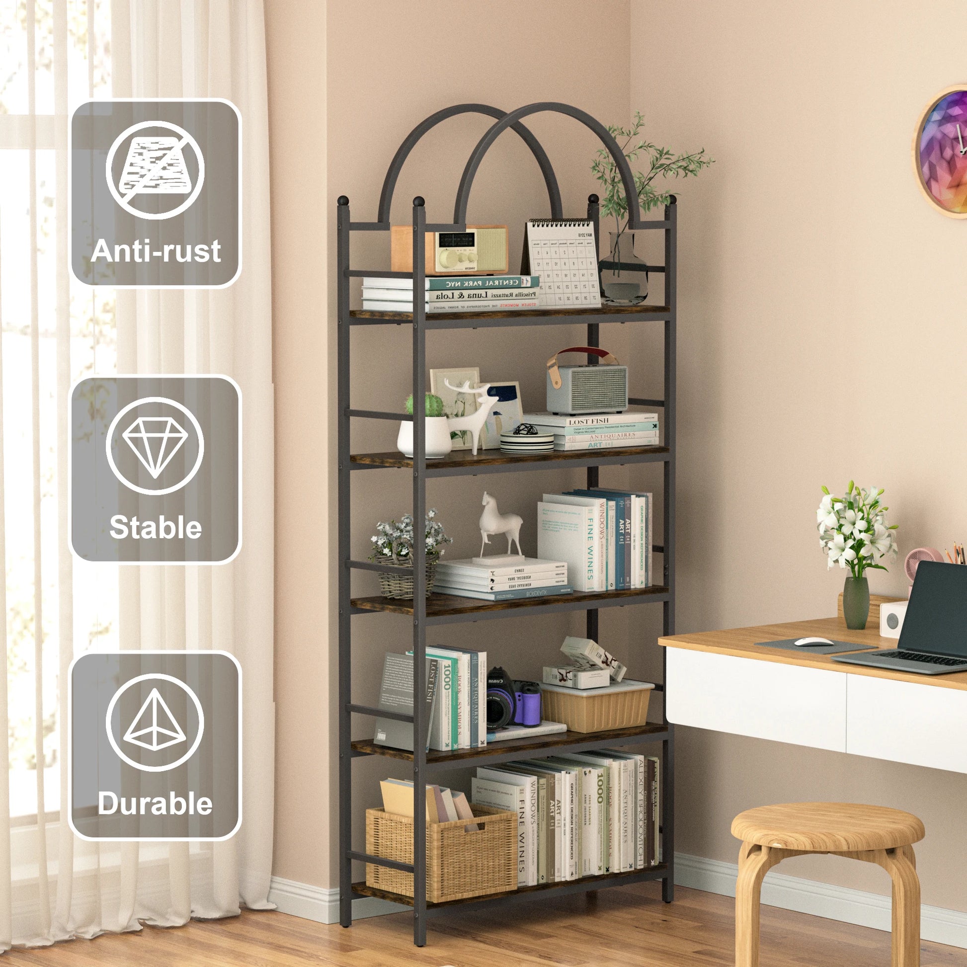 5 Tier Wood Storage Shelves with Metal Frame Free Standing Bookshelf Industrial Display Rack