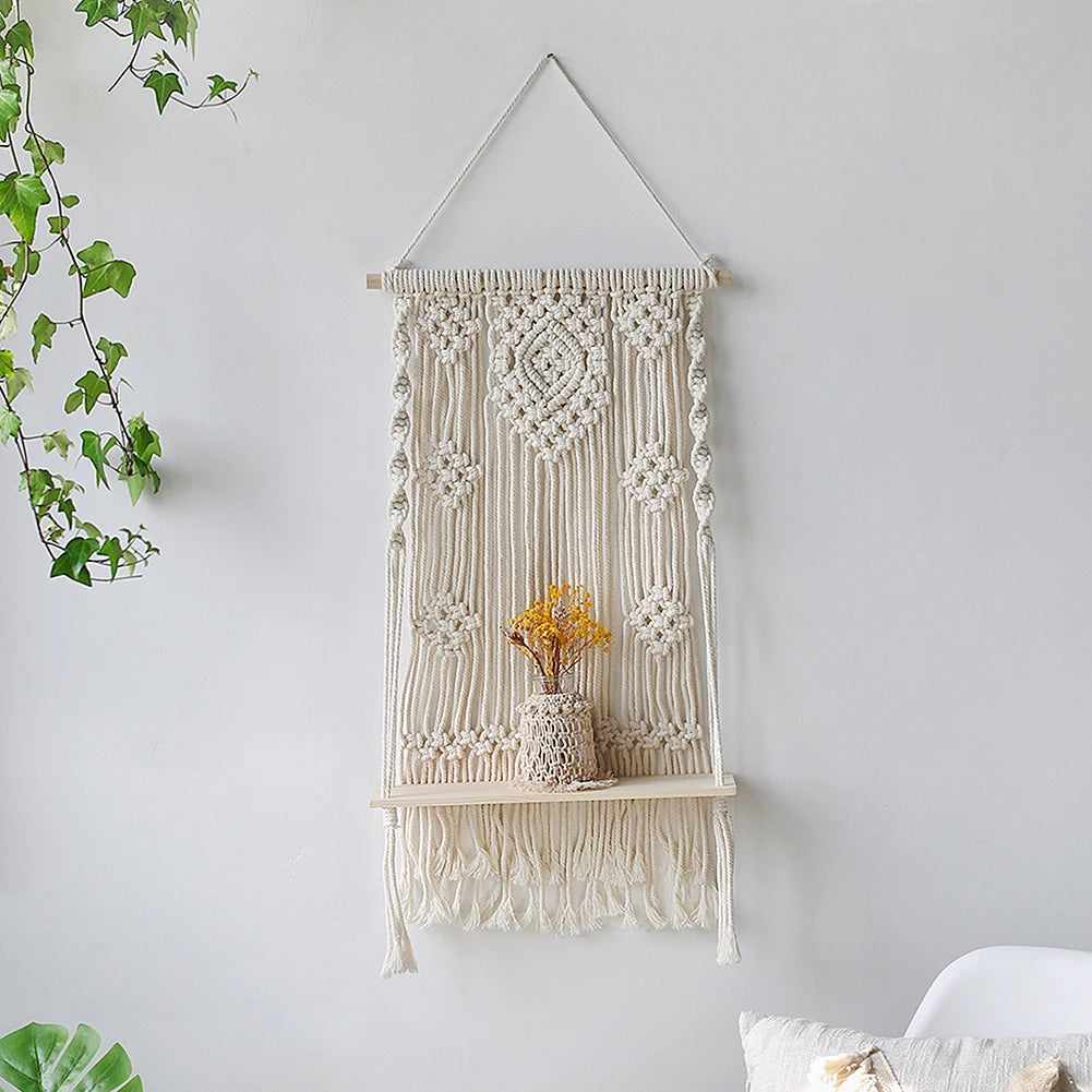 Macrame Wall Shelf Wood Floating Shelves Flower Pot Display Stand Hanging Wall Boho Home Decoration Living Room Decors Aesthetic