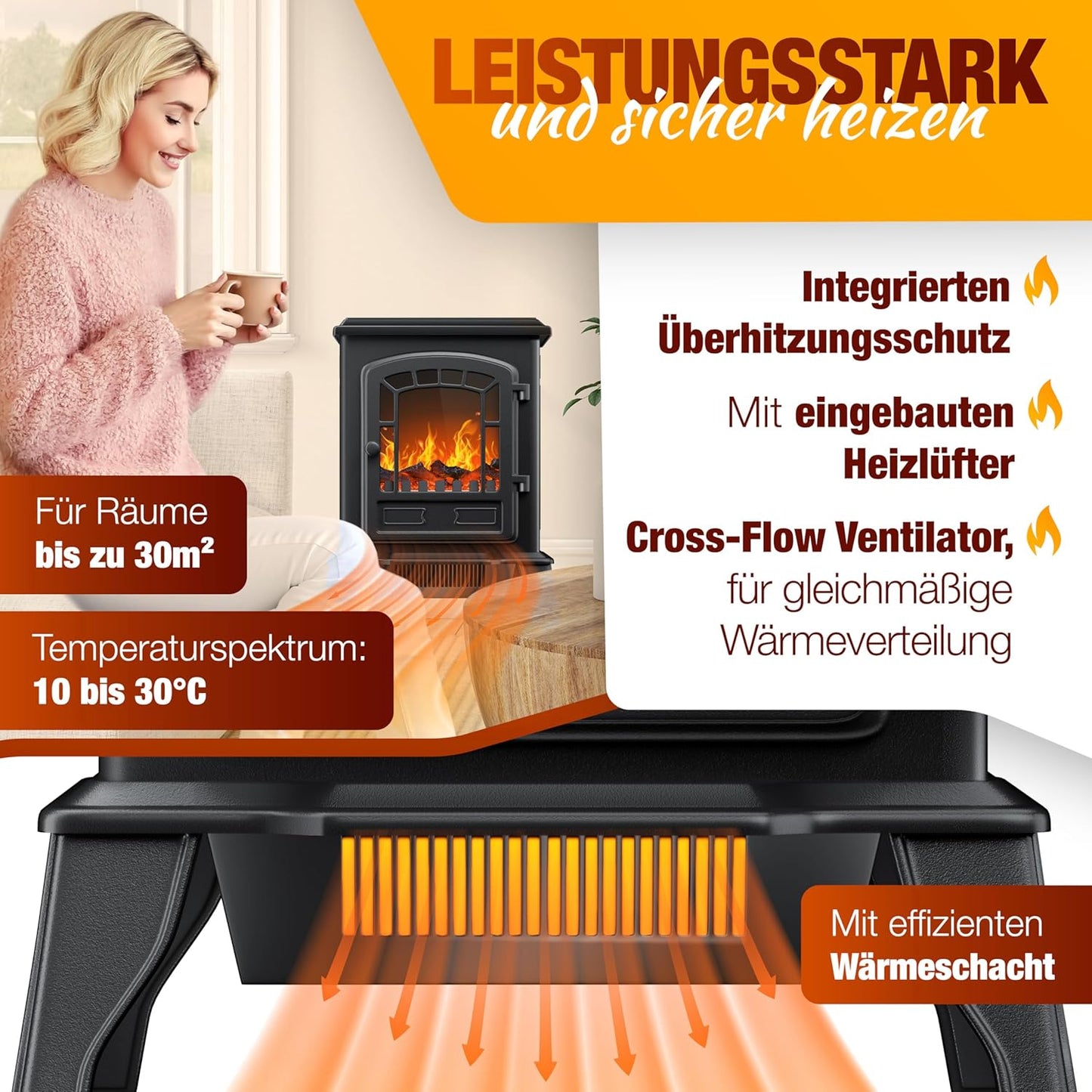 KESSER® Elektrische haard met 2.000 W ventilatorkachel Elektrische LED-verwarming Openhaard effect Kachel Vlameffect Radiator Kachel Verstelbare geluiddemper