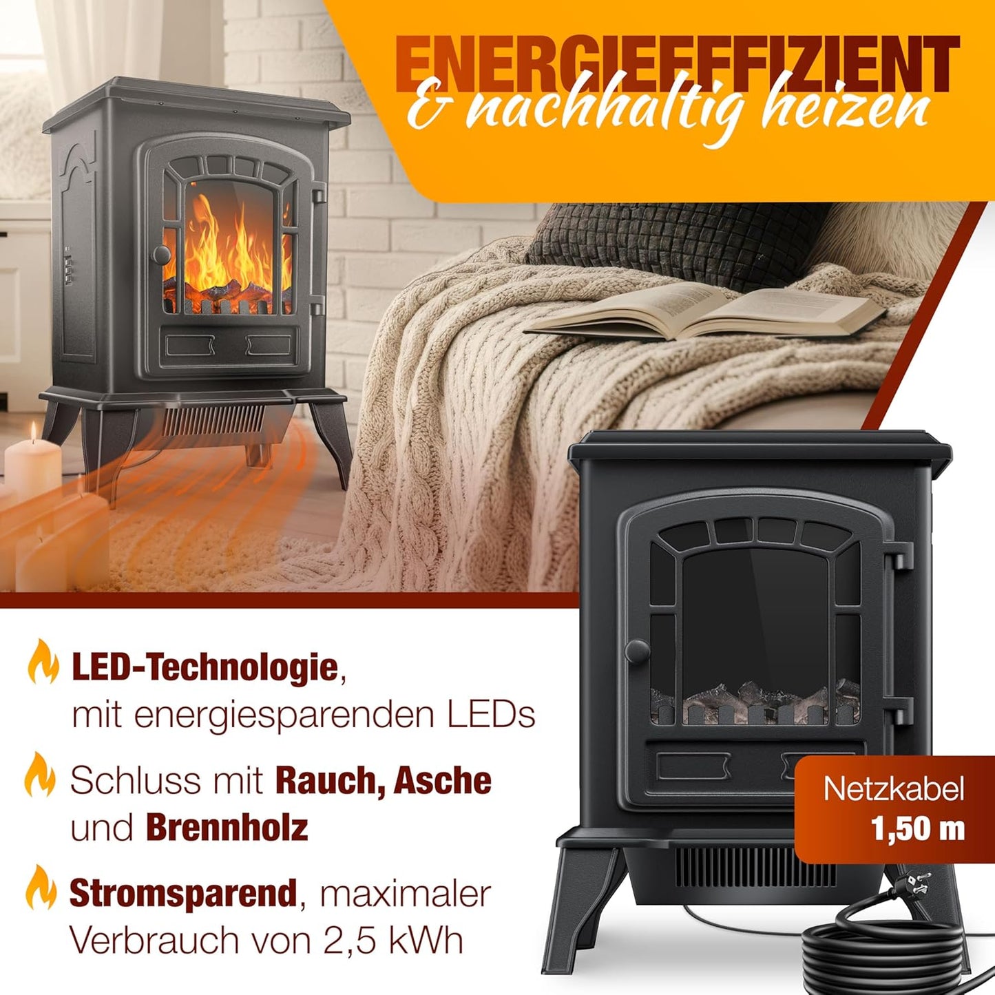 KESSER® Elektrische haard met 2.000 W ventilatorkachel Elektrische LED-verwarming Openhaard effect Kachel Vlameffect Radiator Kachel Verstelbare geluiddemper