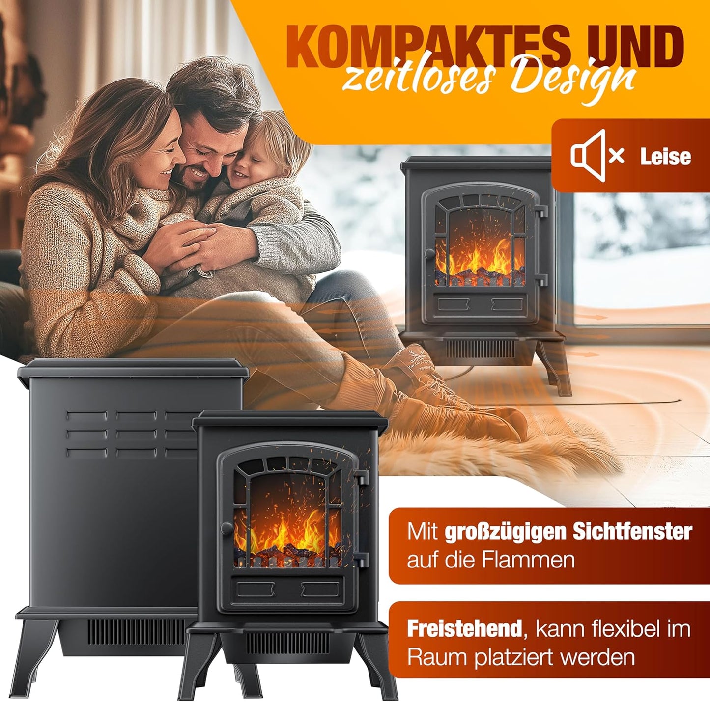 KESSER® Elektrische haard met 2.000 W ventilatorkachel Elektrische LED-verwarming Openhaard effect Kachel Vlameffect Radiator Kachel Verstelbare geluiddemper