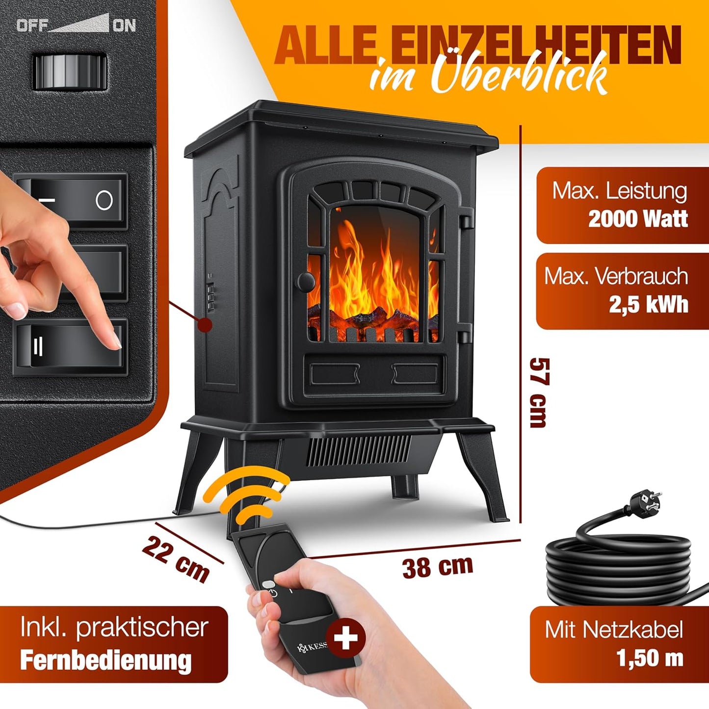 KESSER® Elektrische haard met 2.000 W ventilatorkachel Elektrische LED-verwarming Openhaard effect Kachel Vlameffect Radiator Kachel Verstelbare geluiddemper