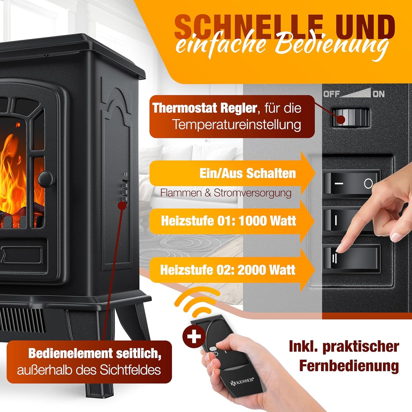KESSER® Elektrische haard met 2.000 W ventilatorkachel Elektrische LED-verwarming Openhaard effect Kachel Vlameffect Radiator Kachel Verstelbare geluiddemper