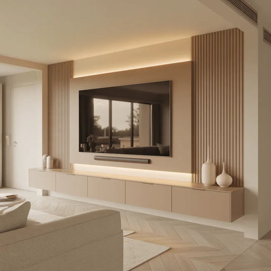 Cinewall Akustik SlatPanel – Beige & LED Accent Edition - cinewallkopen.be