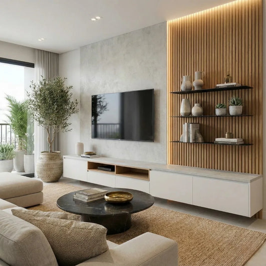 Luxe Cinewall Japandi Pure – Wit zwevend TV-meubel gecombineerd met eiken houten latten en warme LED-sfeerverlichting in een moderne woonkamer.