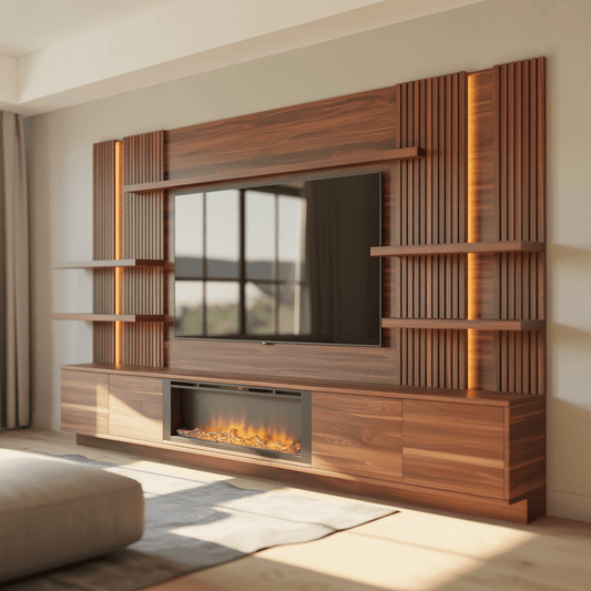 Cinewall SlatLine Luxe – Massief Hout met Elektrische Haard - cinewallkopen.be