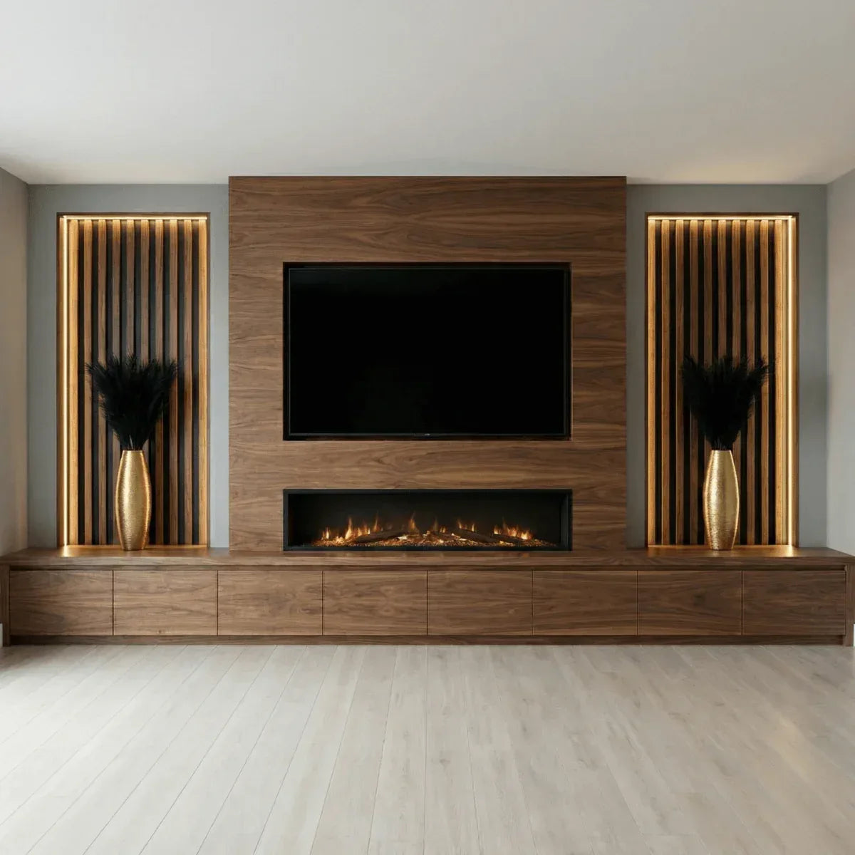 Cinewall WalnutWave – Massief Houten Cinewall met Elektrische Haard & LED - cinewallkopen.be