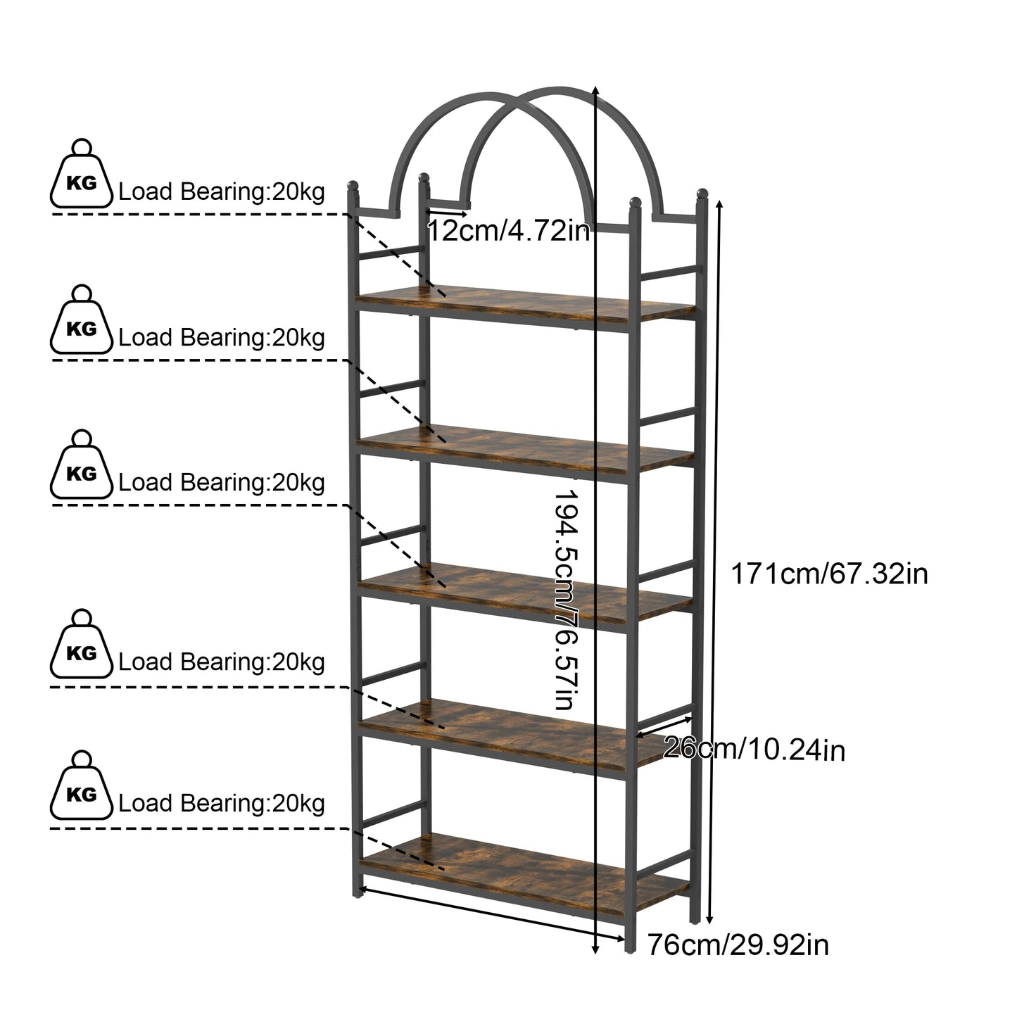 5 Tier Wood Storage Shelves with Metal Frame Free Standing Bookshelf Industrial Display Rack