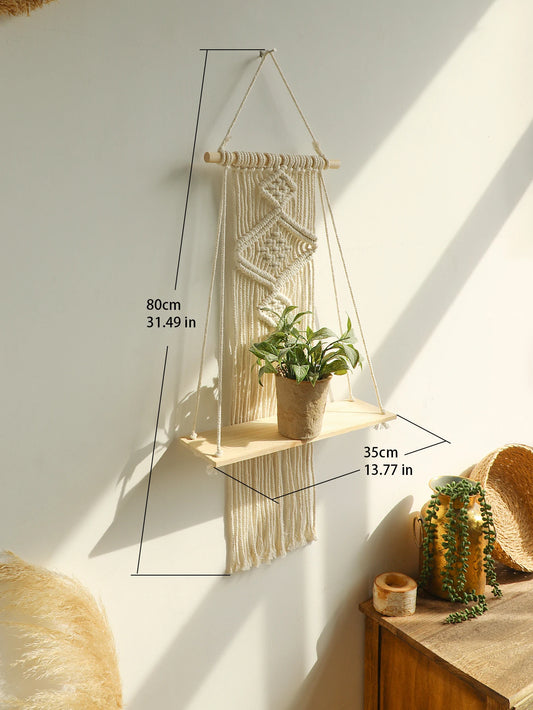 Macrame Wall Shelf Wood Floating Shelves Flower Pot Display Stand Hanging Wall Boho Home Decoration Living Room Decors Aesthetic