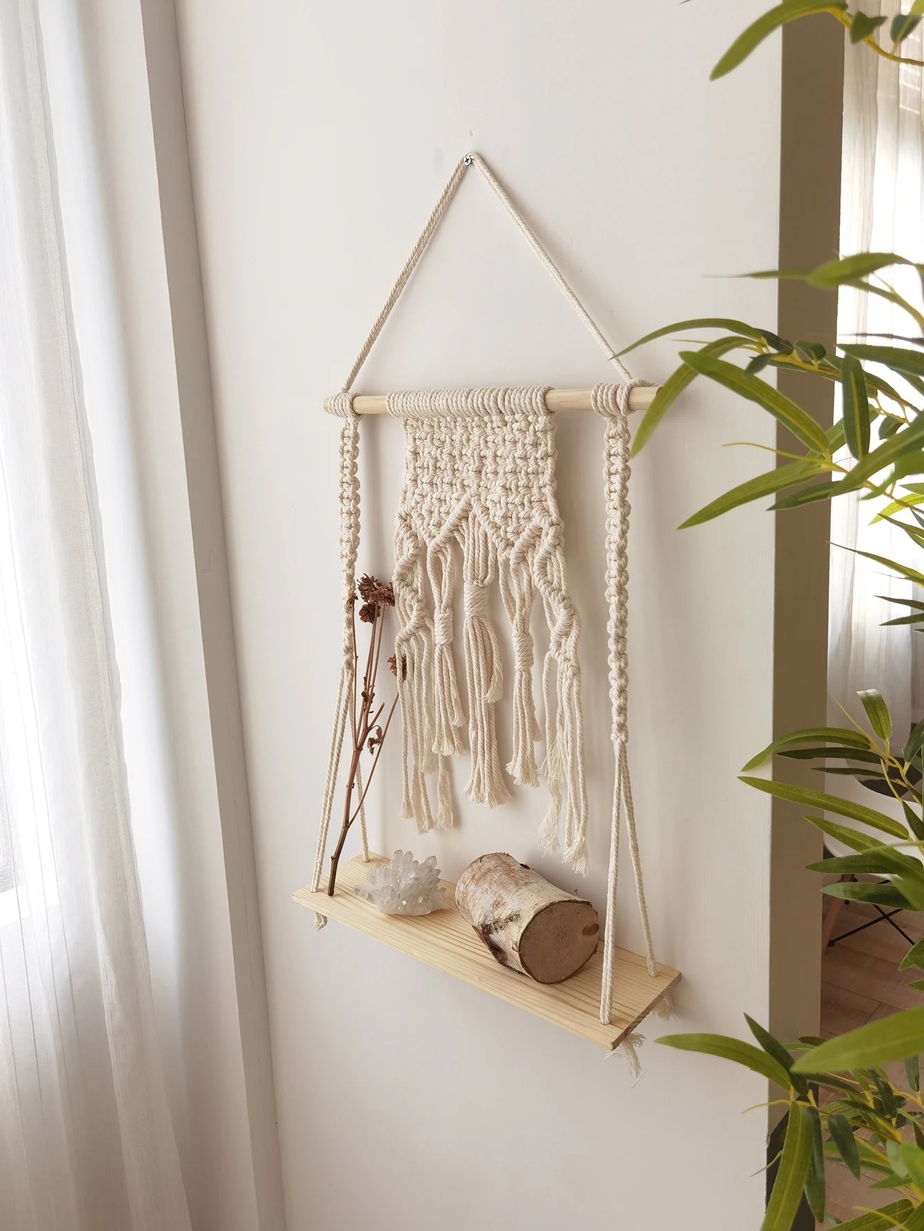 Macrame Wall Shelf Wood Floating Shelves Flower Pot Display Stand Hanging Wall Boho Home Decoration Living Room Decors Aesthetic