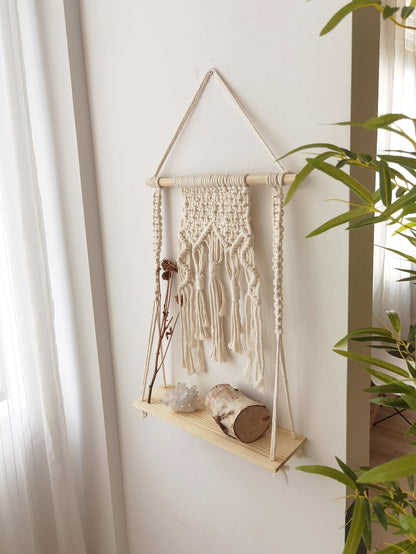 Macrame Wall Shelf Wood Floating Shelves Flower Pot Display Stand Hanging Wall Boho Home Decoration Living Room Decors Aesthetic
