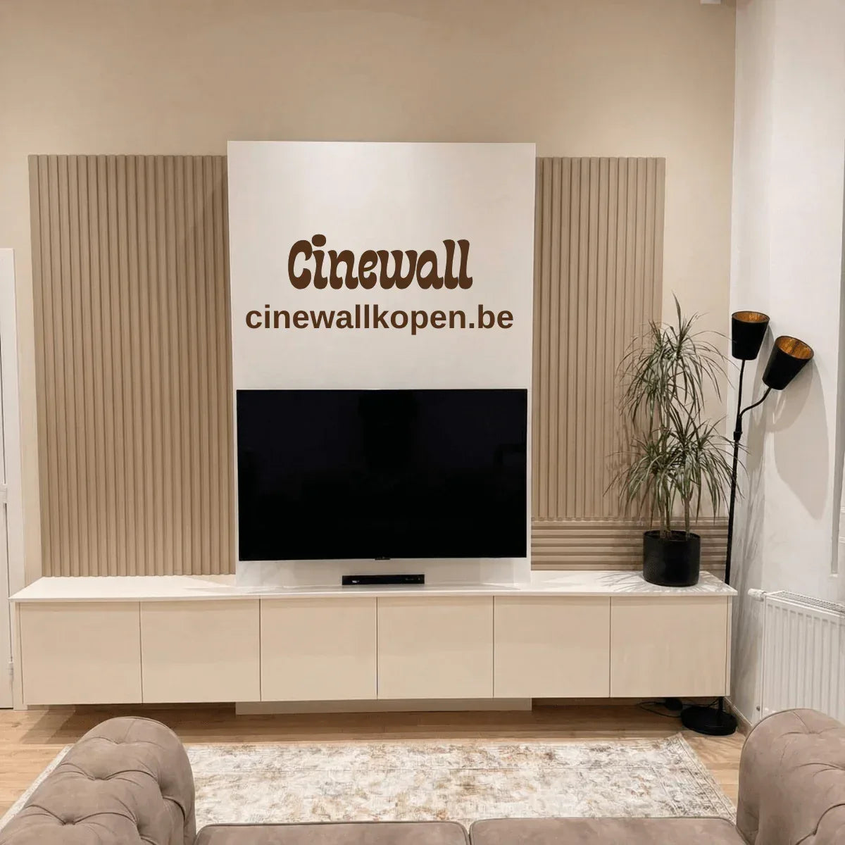 Cinewall Japandi Luxe – Beige & Licht Eiken met Akoestische Panelen (300x200cm) - cinewallkopen.be