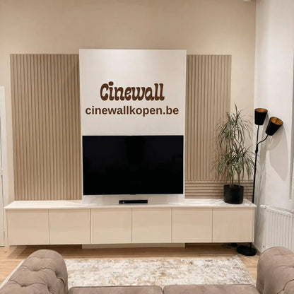 Cinewall Japandi Luxe – Beige & Licht Eiken met Akoestische Panelen (300x200cm) - cinewallkopen.be