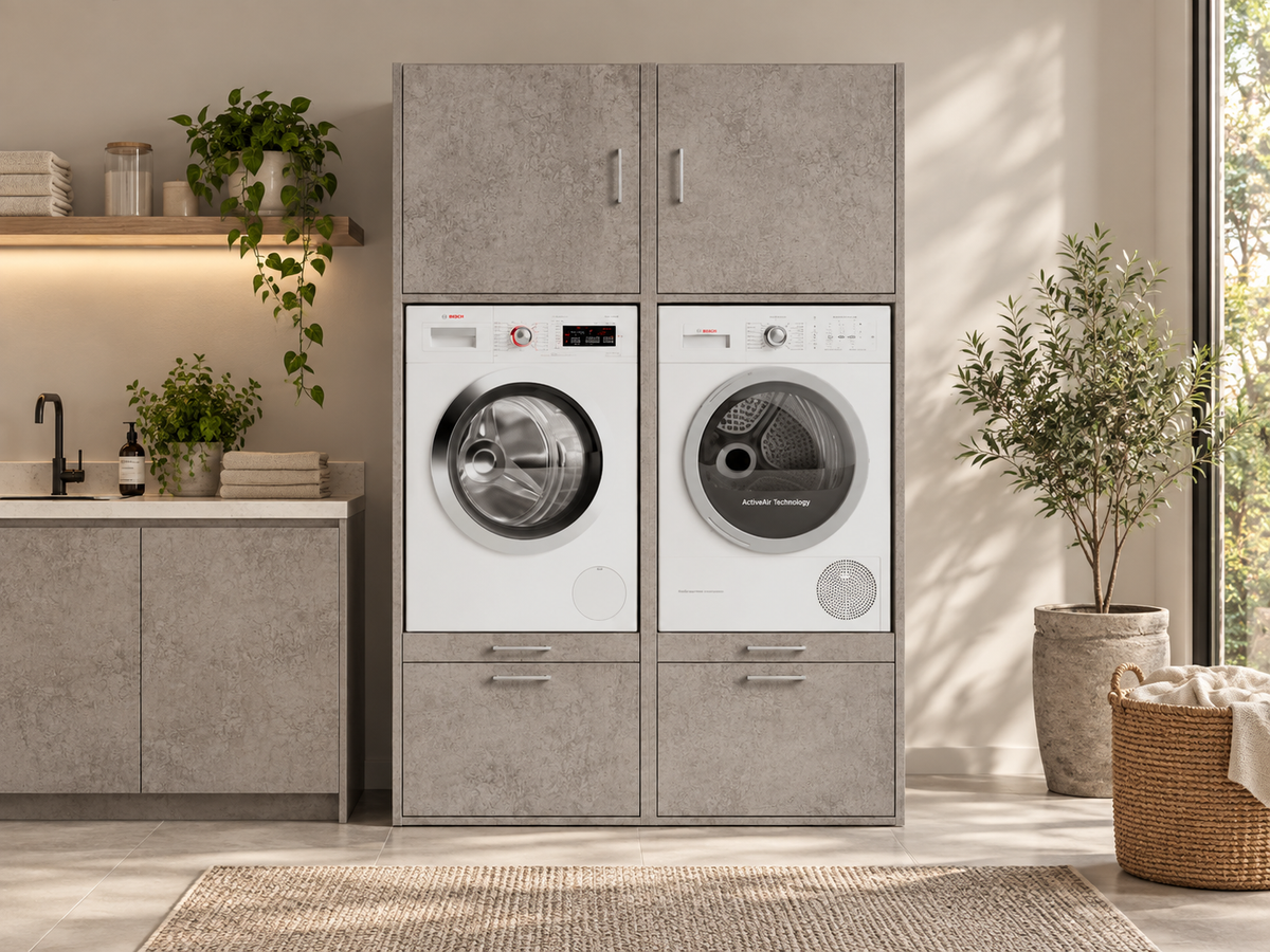 Wasmachine kast op maat in betonlook in moderne wasruimte