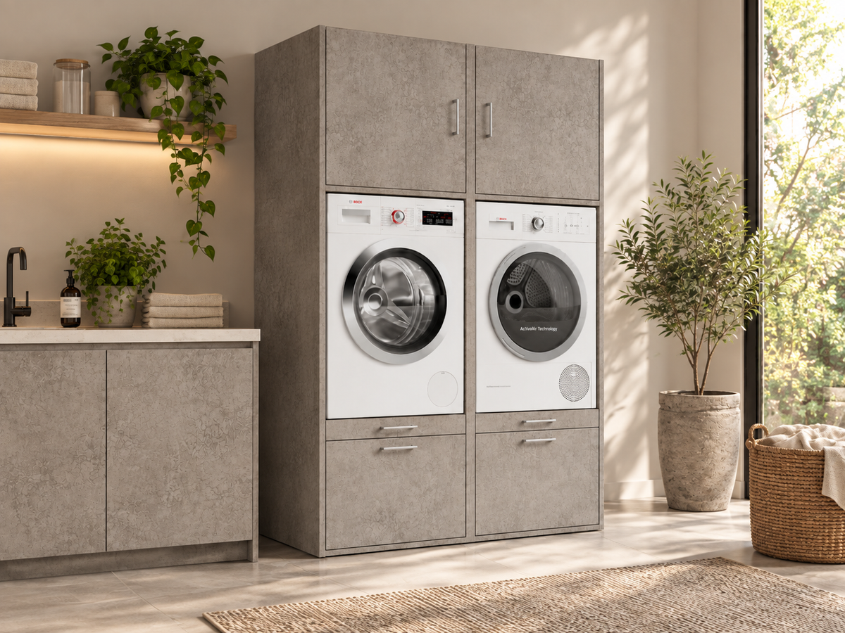 Wasmachine kast op maat donkerblauw zijaanzicht