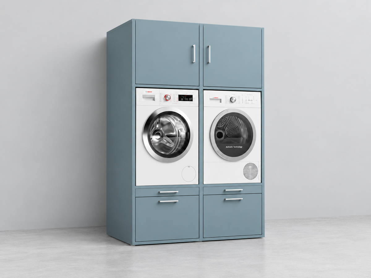 Lichtblauwe wasmachine kast frontaal aanzicht