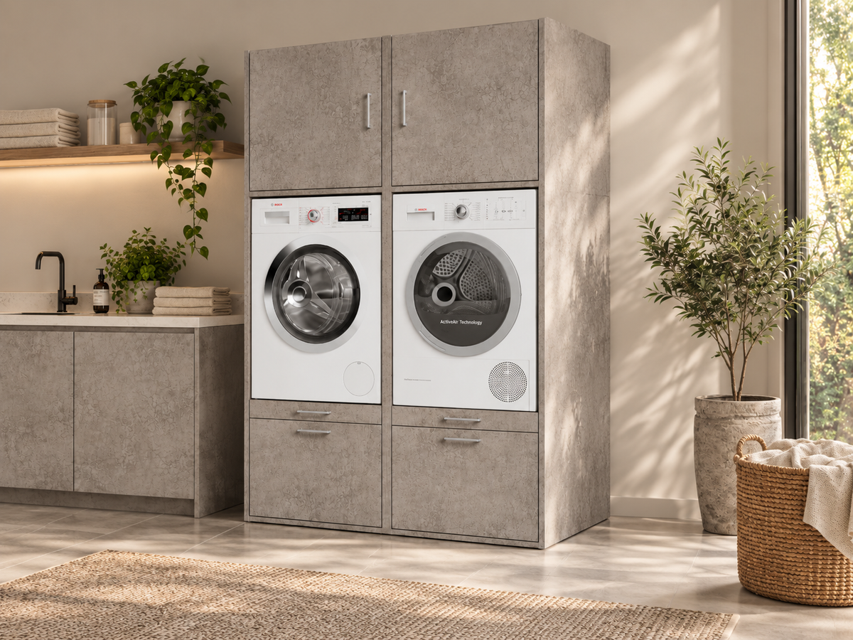 Wasmachine kast op maat lichtblauw in interieur